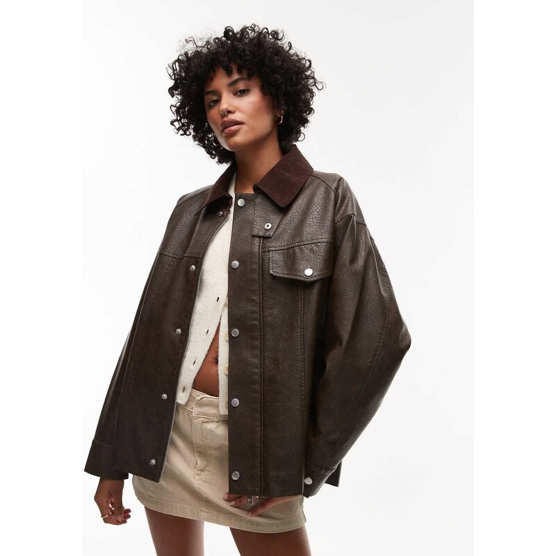 Topshop faux leather cord collar jacket in brown-Black