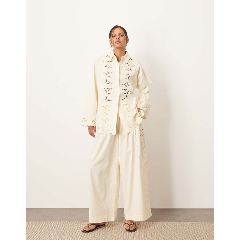 ARRANGE embroidered cutwork trouser co-ord in ecru-White