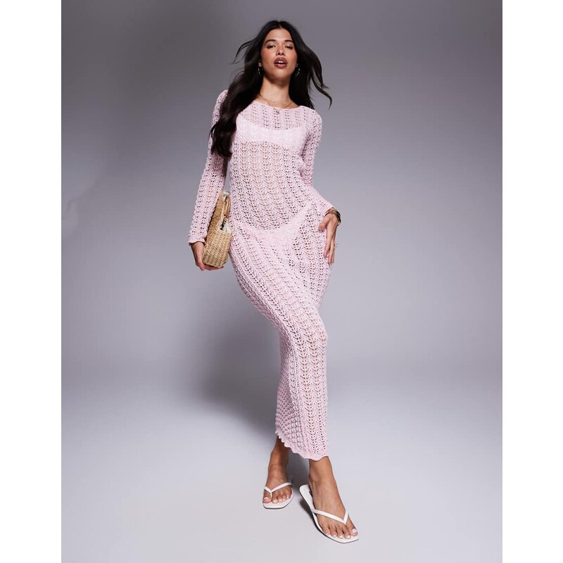 Missyempire beach crochet knit open back maxi dress in pink 107626755