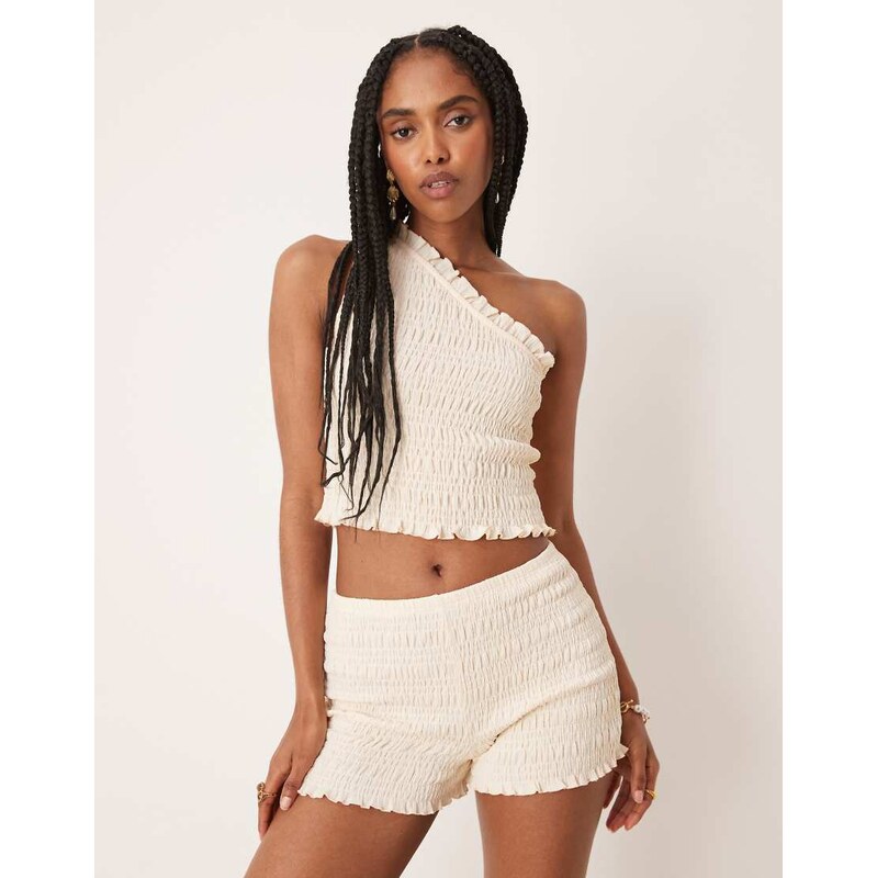 ASOS DESIGN co-ord shirred micro shorts in ivory-White