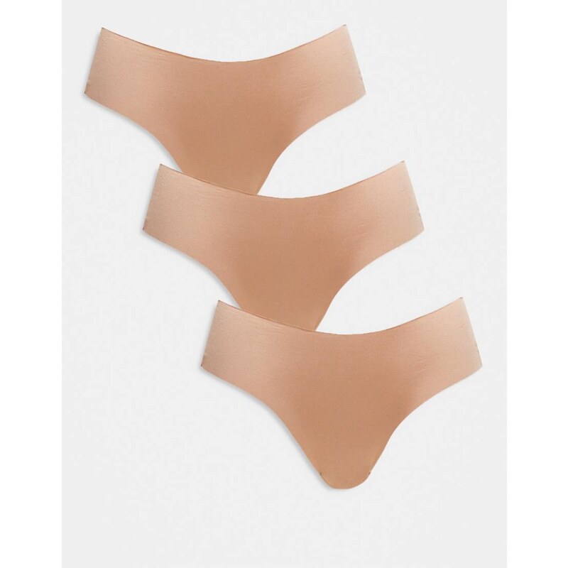 ASOS DESIGN 3 pack no vpl & lace brazilian brief in beige-Neutral 107712413