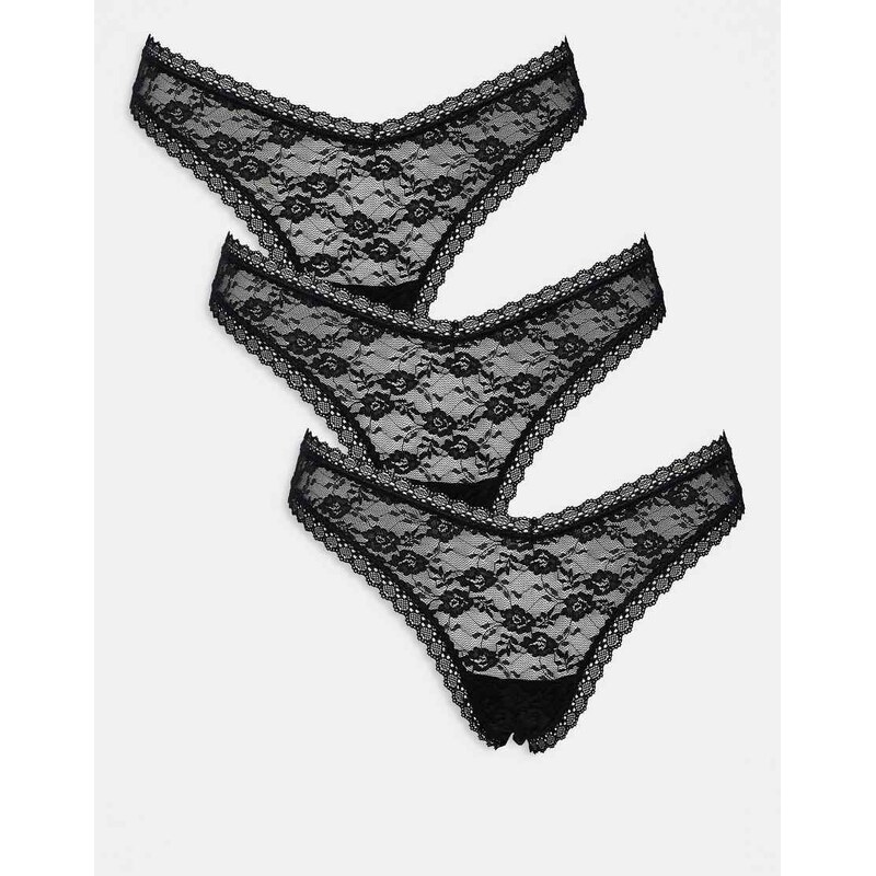 ASOS DESIGN 3 pack all over lace dipped front thong in black 106786598