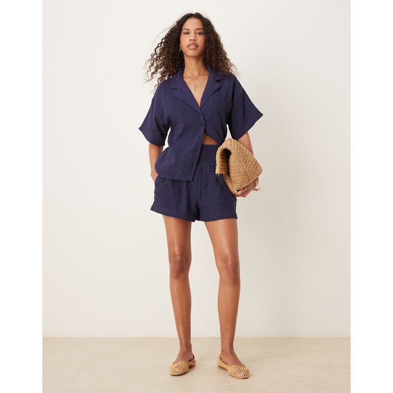 ASOS DESIGN broderie shirred waist co-ord short in navy-Blue