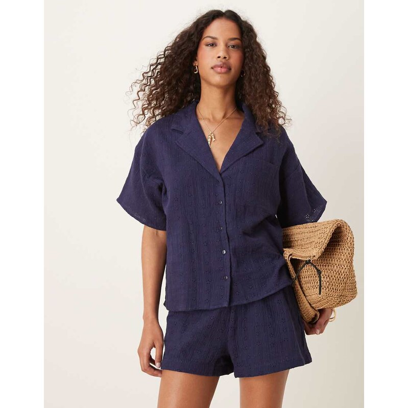 ASOS DESIGN broderie revere collar co-ord shirt in navy 113260987