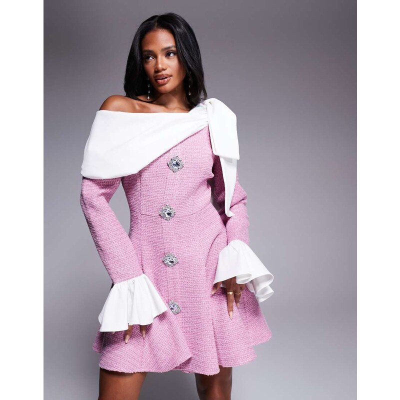 ASOS LUXE boucle and poplin mini dress with embellished buttons in 106786666