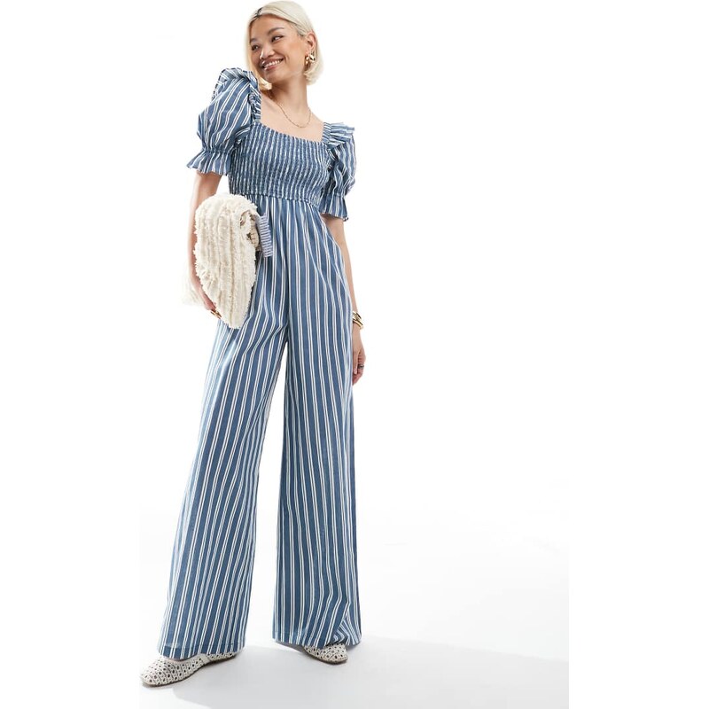 Wednesdays Girl bold stripe jumpsuit in blue 106786668