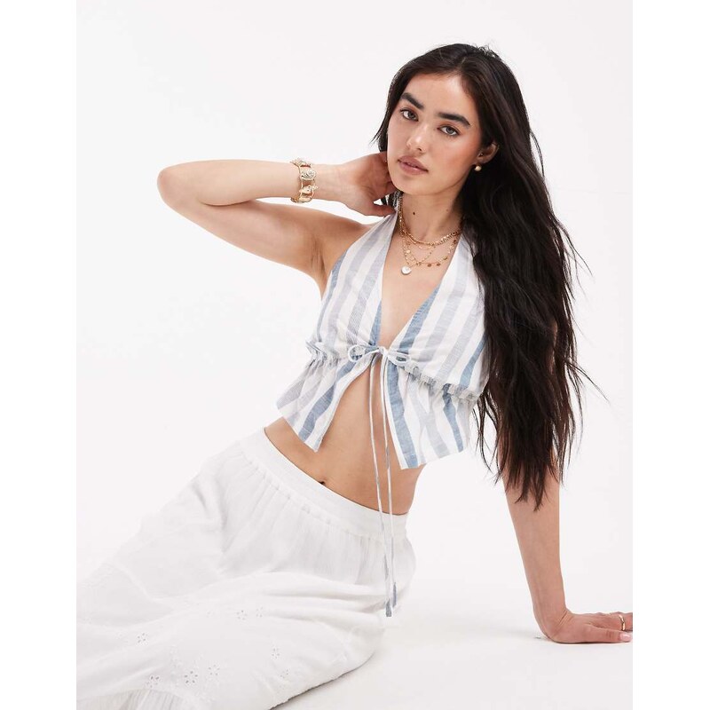 Wednesdays Girl bold stripe halter top in blue 106786671