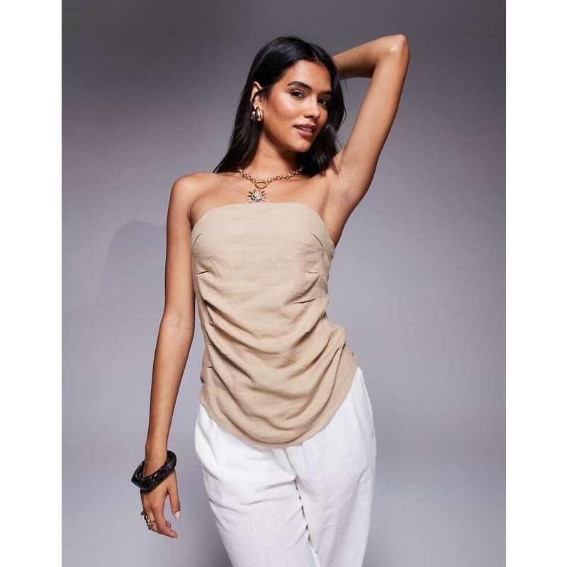 River Island linen blend bandeau top in stone-Neutral
