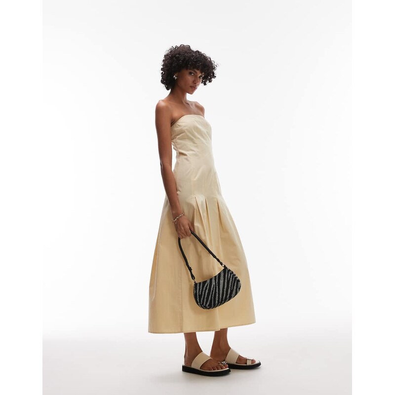 Topshop seamed detail midi bandeau dress in buttermilk-Green