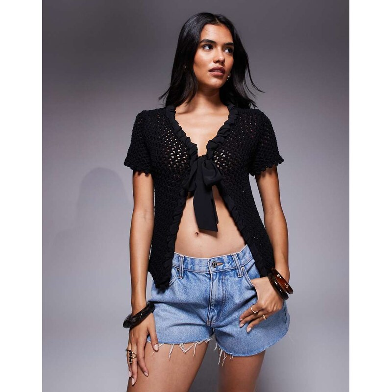 River Island crochet short sleeve cardigan in black