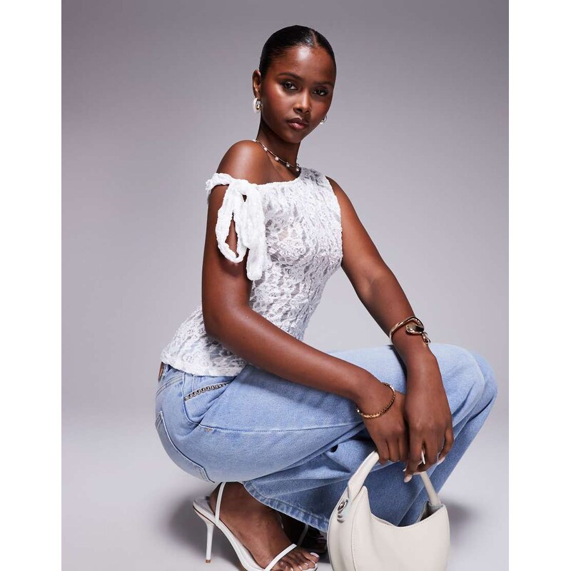 ASOS DESIGN lace tie fallen shoulder sheer top in cream-White
