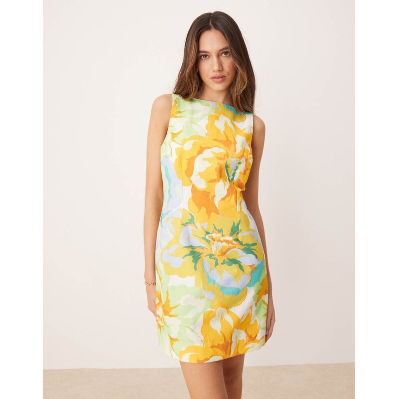 Nobodys Child Freya linen mini shift dress in multi floral-Blue