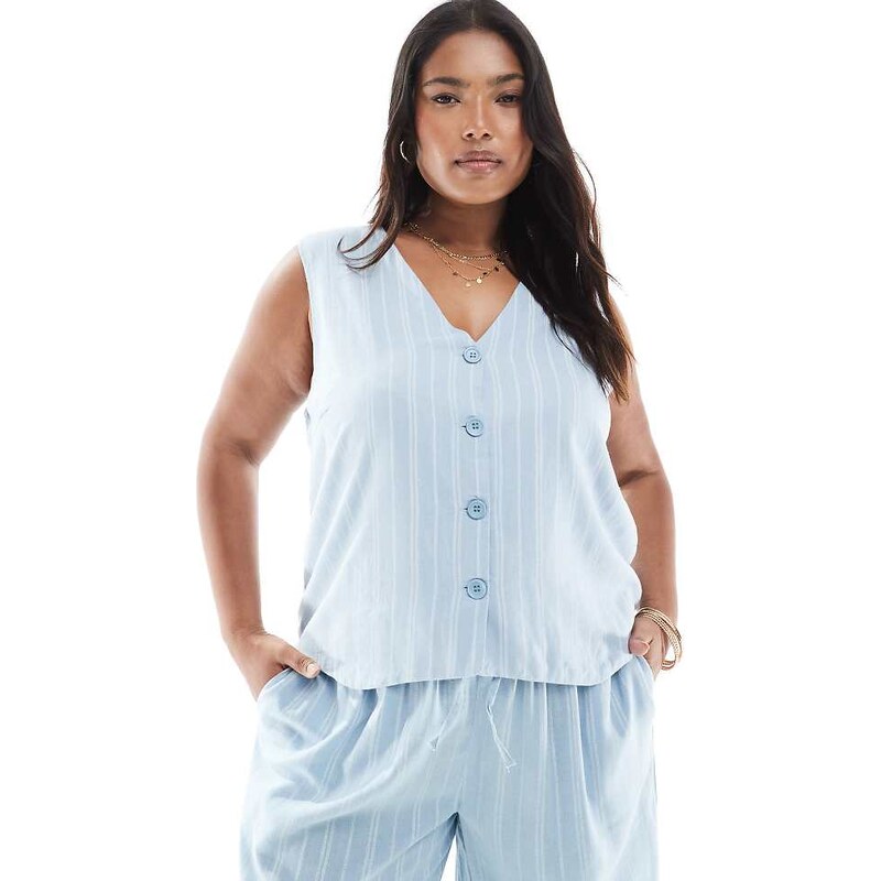 Pieces Plus Pieces Curve tailored vest co-ord in light blue stripe 106786787