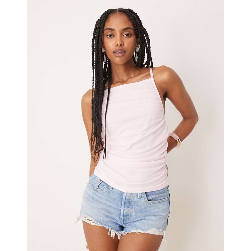 ASOS DESIGN gathered strappy mesh cami in pastel pink