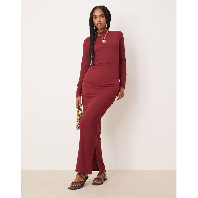 ASOS DESIGN slash neck long sleeve ruched textured midi dress in