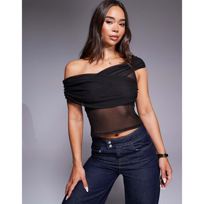 ASOS DESIGN mesh ruched bardot trim detail top in black