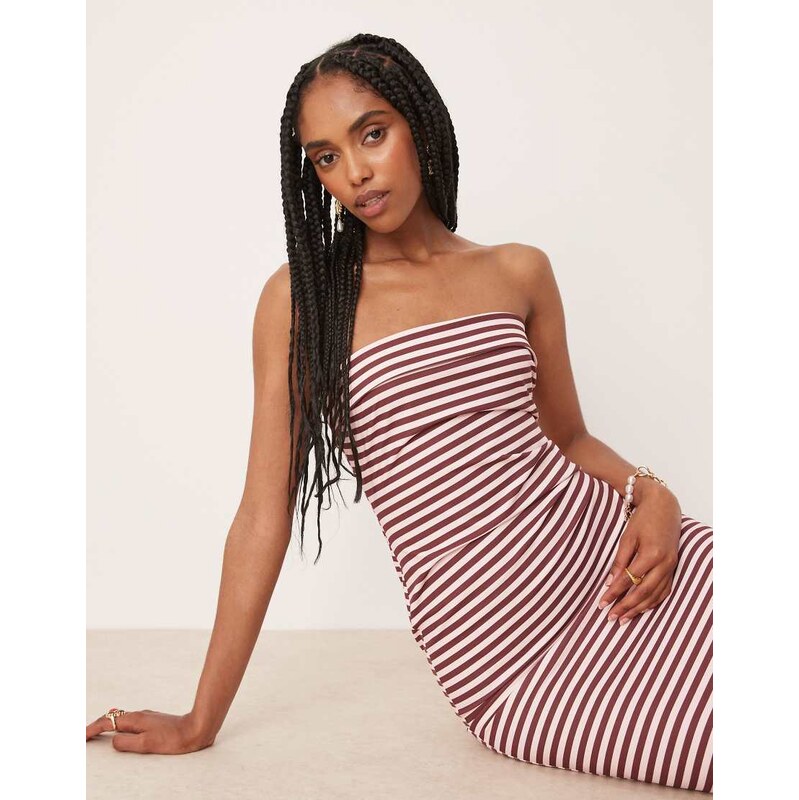 ASOS DESIGN bandeau fold over midi dress in brown and pink stripe-Multi
