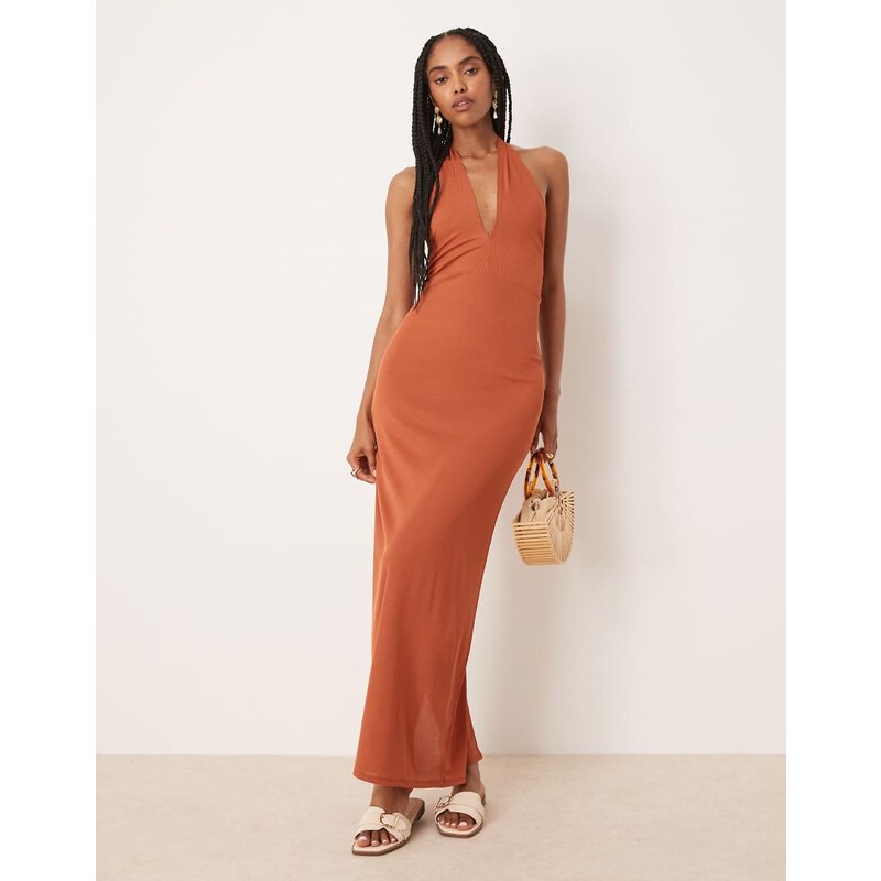 ASOS DESIGN ribbed twist halter midi dress in rust-Orange