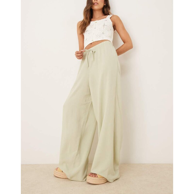 ASOS DESIGN linen blend pull on trouser in sage-Green