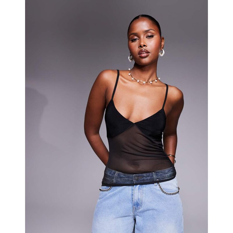 ASOS DESIGN asymmetric hem ruched slinky mesh cami top in black