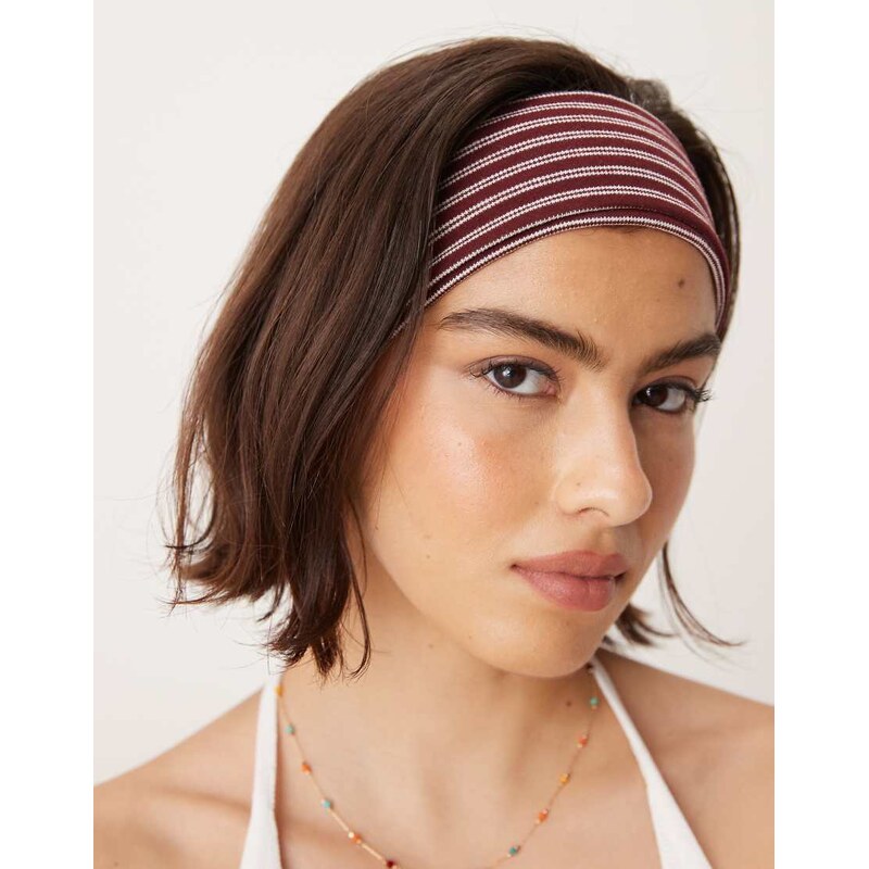 ASOS DESIGN striped jersey headband in burgundy and cream-Red