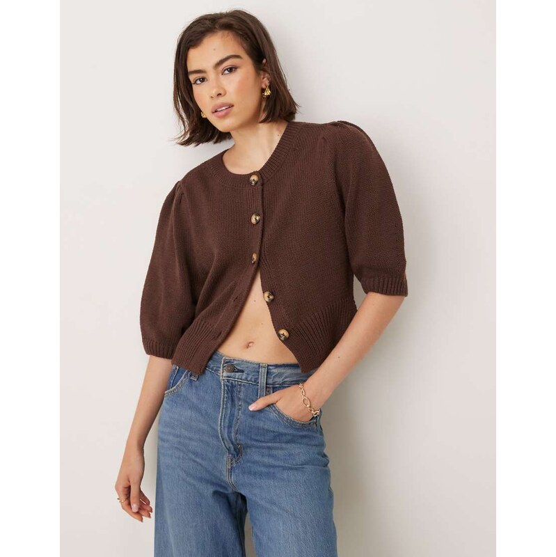 ASOS DESIGN crew neck cardigan with puff sleeve in chocolate-Brown 106788155