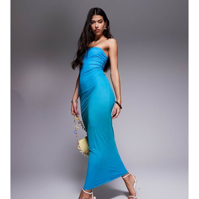 Kaiia exclusive double layered slinky mesh bandeau maxi dress in blue 106788161