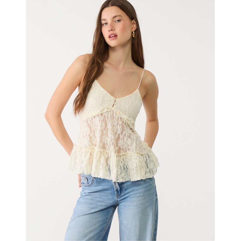Stradivarius blonde lace top with straps in ecru-White 106788322
