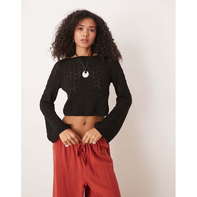ASOS DESIGN knitted flared sleeve top in stitch detail in black 106788351