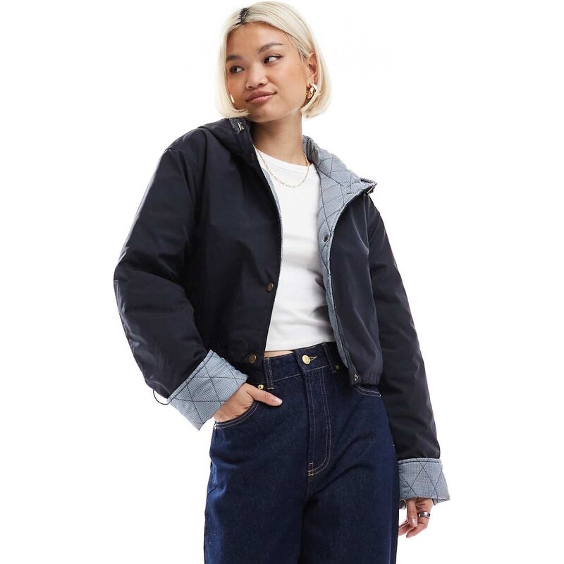 ASOS DESIGN hooded cropped jacket with gingham lining in navy-Neutral