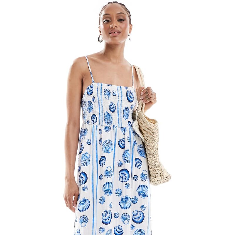 Vero Moda Tall cami midi dress in blue seashell print