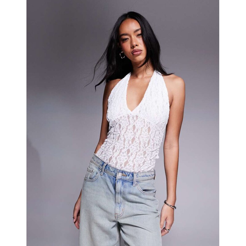 ASOS DESIGN lace plunge halter neck bodysuit in white