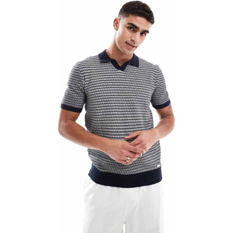 Threadbare cotton rich textured knit polo top in navy and ecru