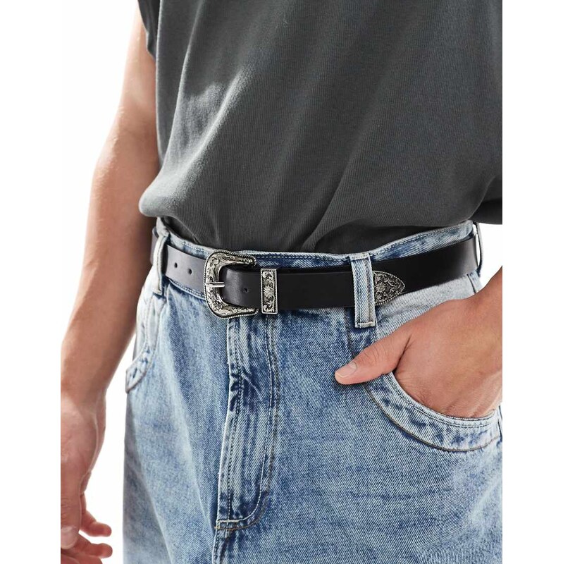 ASOS DESIGN faux leather western buckle belt in black