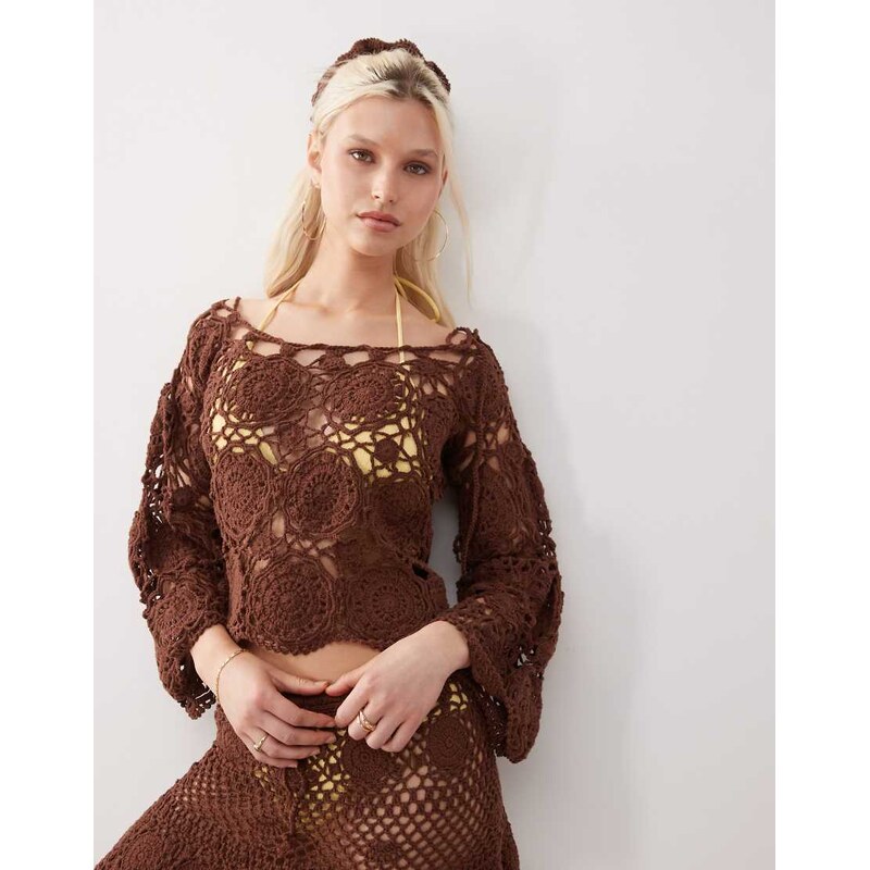 Reclaimed Vintage Limited Edition hand crochet crop top in chocolate 115510806
