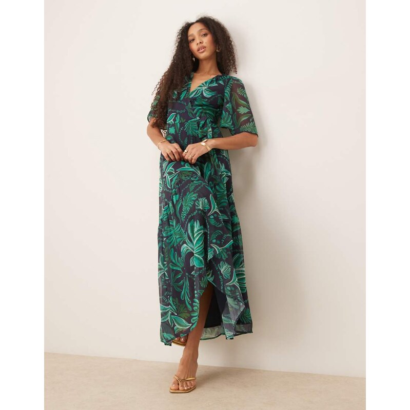 Hope & Ivy flutter sleeve maxi wrap dress in turquoise palm print 115511483
