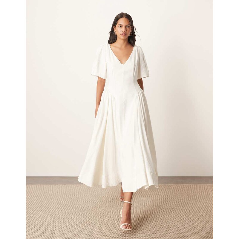 ARRANGE premium linen twist shoulder midi dress in white 106792851
