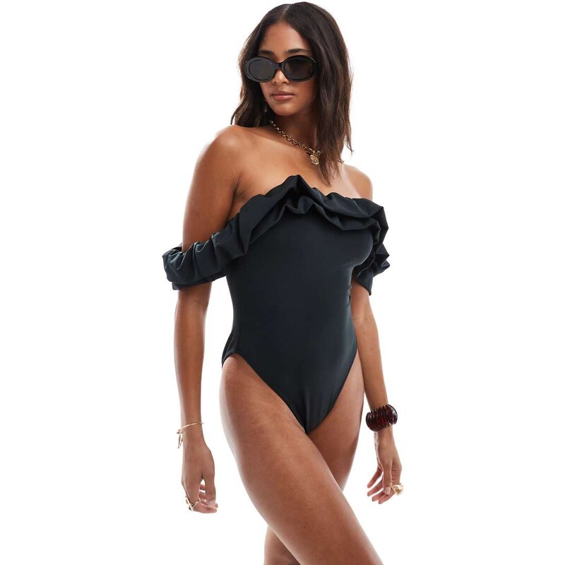 ASOS DESIGN Olivia bandeau ruffle sculpting swimsuit in black-Neutral 106792889