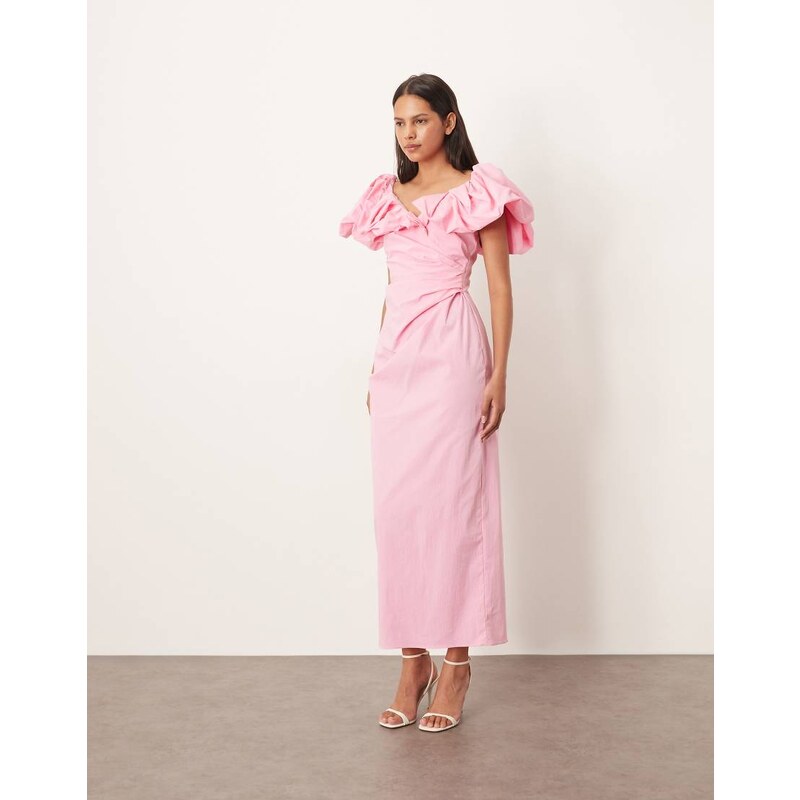 ARRANGE bardot ruched puff sleeve maxi dress in pink
