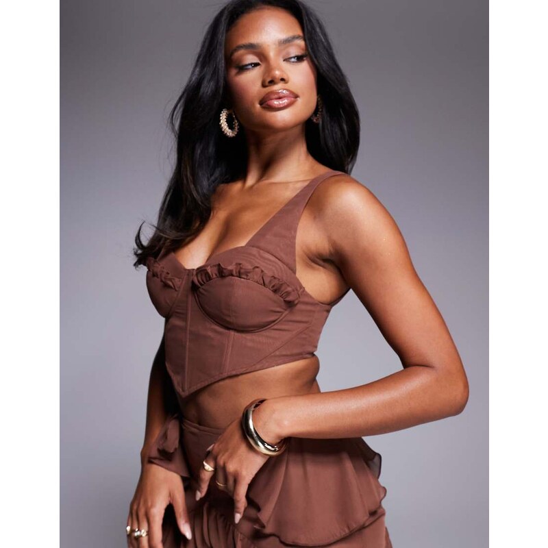 ASOS LUXE corset cropped top co-ord with ruffle detail in brown 106802528