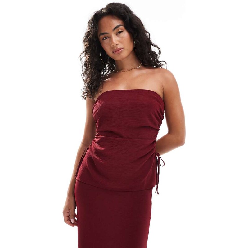 ASOS DESIGN ruched side detail bandeau co-ord top in wine-Red