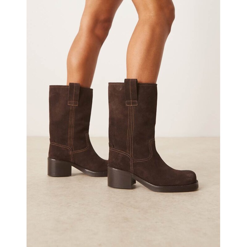 ASOS DESIGN Caspia premium suede trucker pull on boots in chocolate 106802722