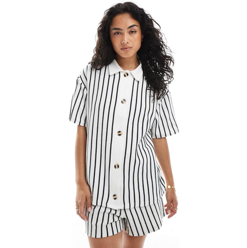 ASOS DESIGN texture stripe resort shirt co-ord in cream and navy 106804919