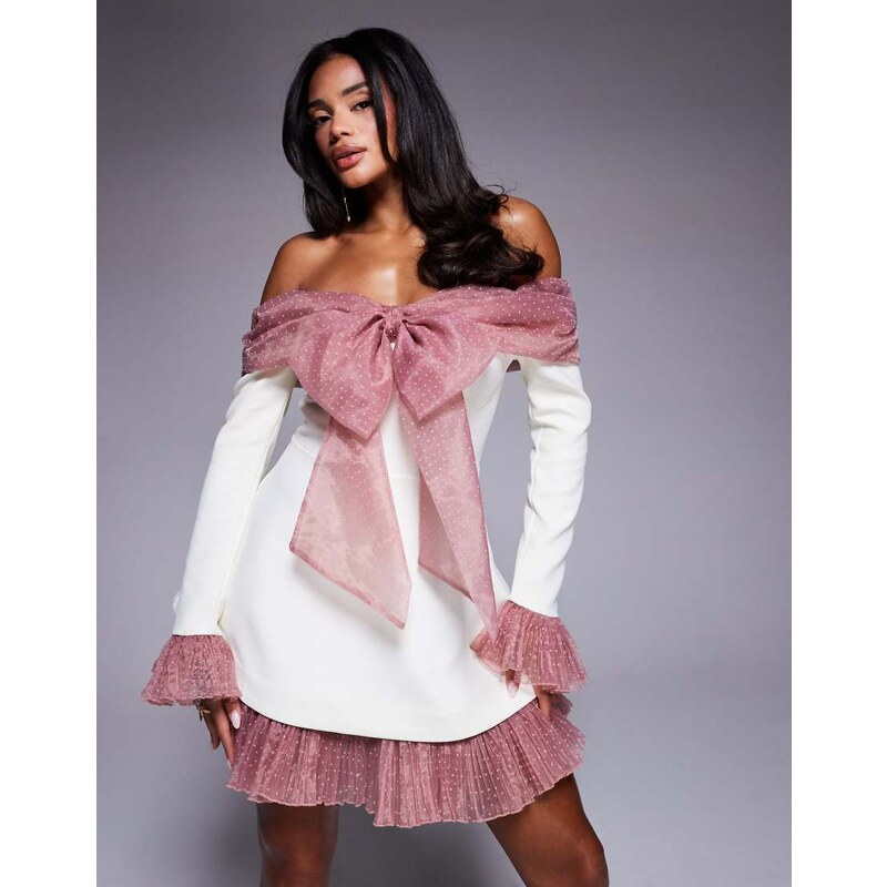 ASOS LUXE bardot mini dress with pleated dobby organza in cream