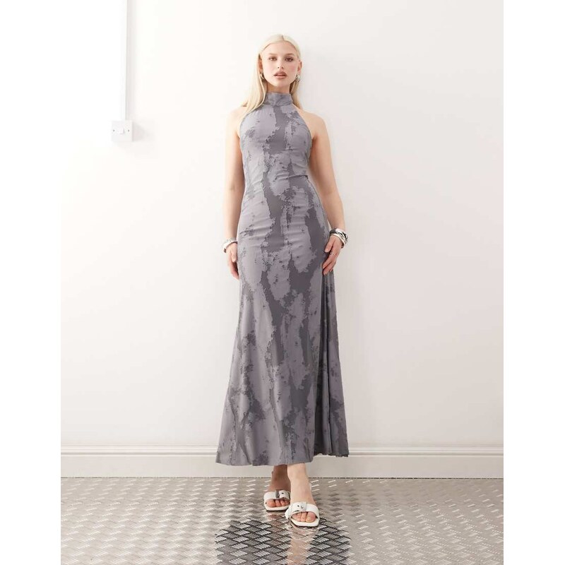 Weekday halter neck jacquard maxi dress in dark grey