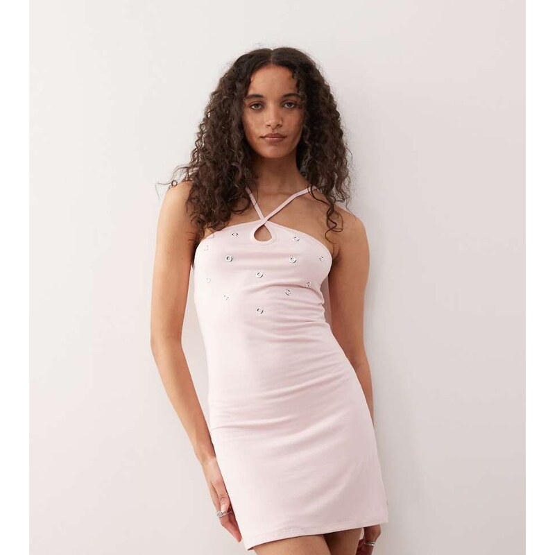 COLLUSION keyhole mini dress with eyelet detailing-Pink 106805004