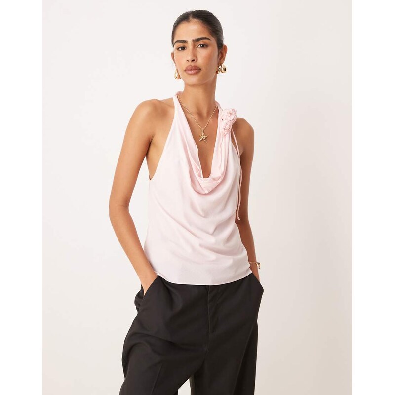Mango halter drape neck top with 3D floral in soft pink