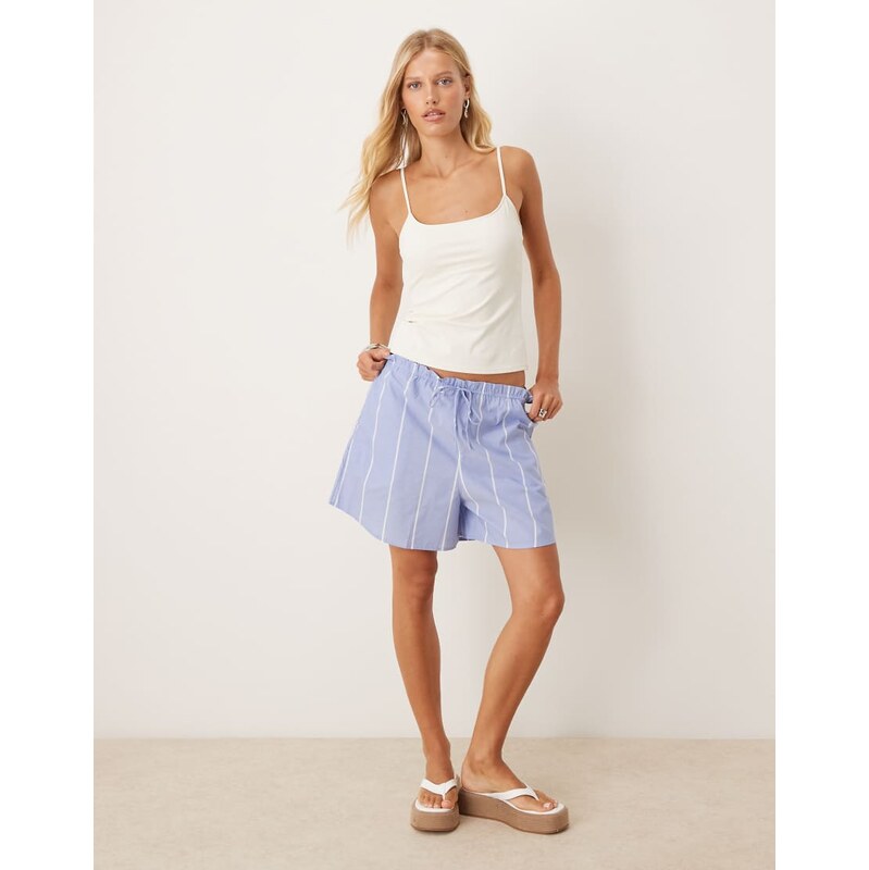 Mango woven tie up shorts in light blue stripe 106805056