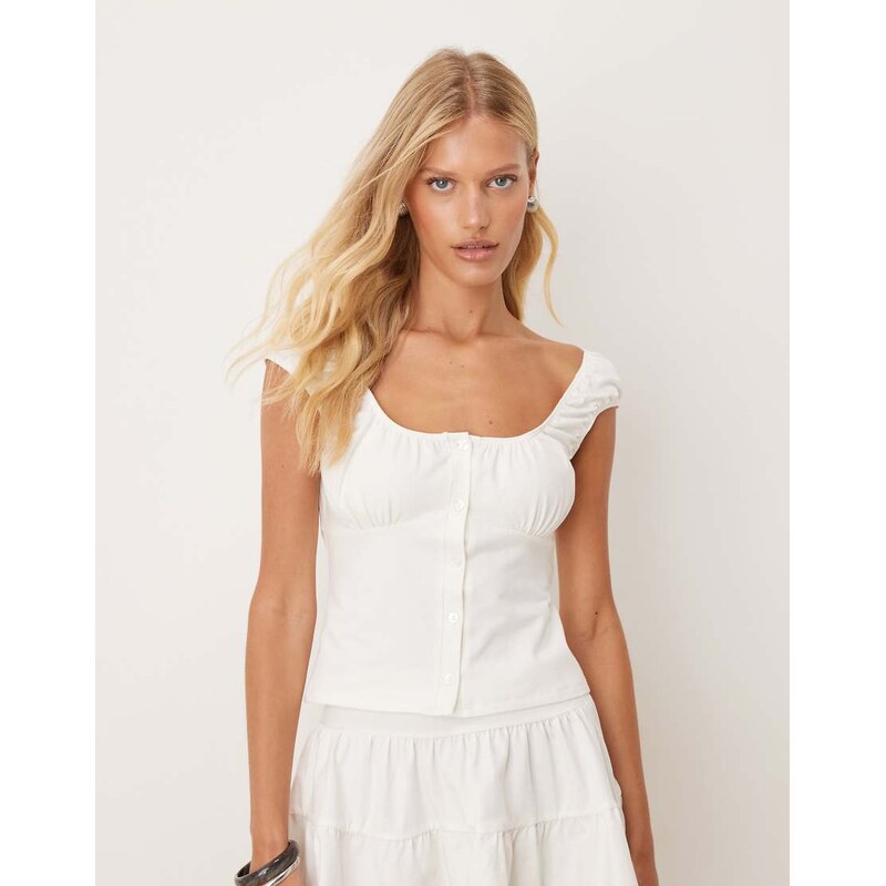 ASOS DESIGN milkmaid short sleeve button through top in white