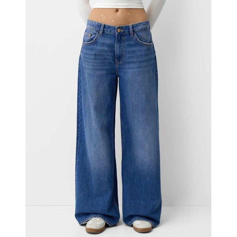 Bershka wide leg jeans in denim blue